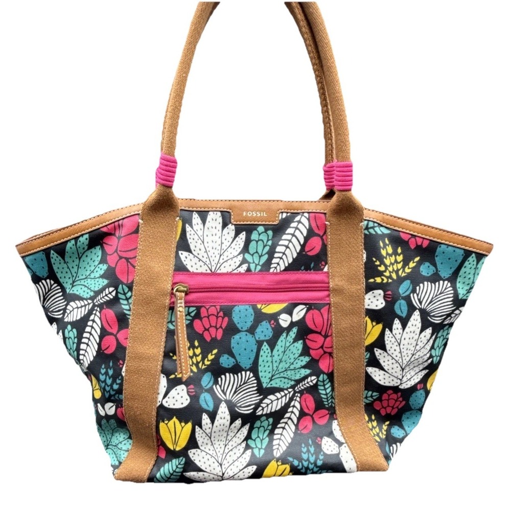 FOSSIL Large Eliza Beach Tote Dark Floral Coated Canvas Oversized Shoulder Bag - Picture 2 of 16